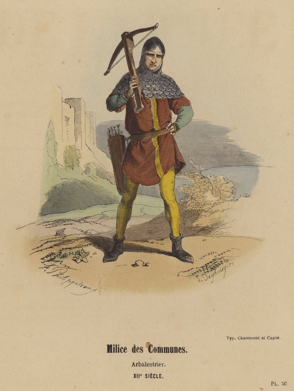 Komün Milisleri, Arbalestrier, XII. Yüzyıl (renkli gravür) by French School