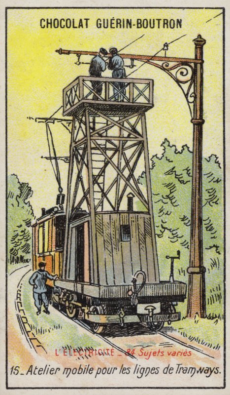 Tramvaylardaki havai elektrik hatlarını onarmak için mobil platform (chromolitho) by French School
