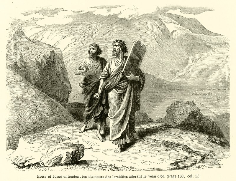 Musa ve Yeşu, İsraillilerin altın buzağıya tapınan çığlıklarını duyar (gravür) by French School