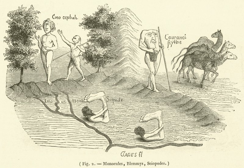 Monocules, Blemmys, Sciopodes (gravür) by French School