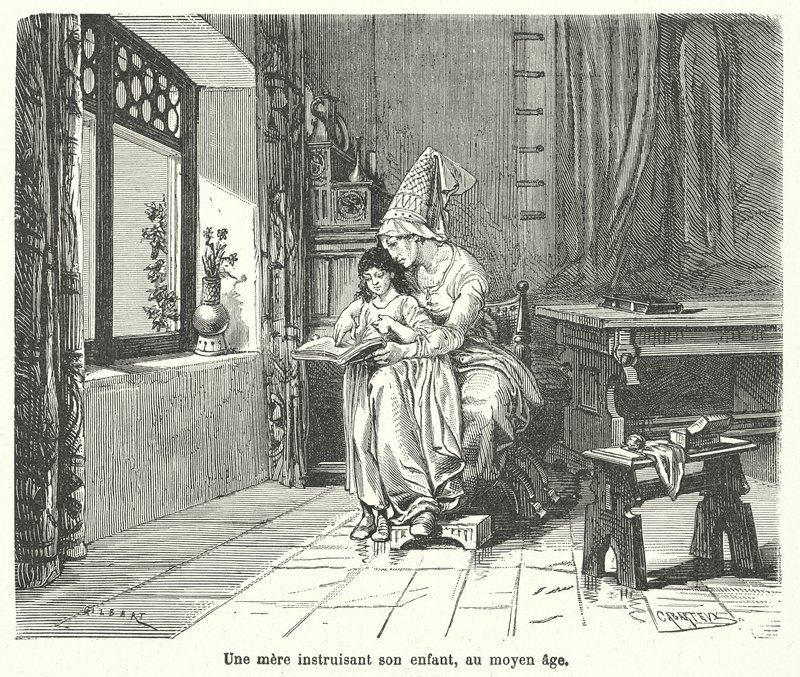 Orta çağda çocuğuna öğreten anne (gravür) by French School