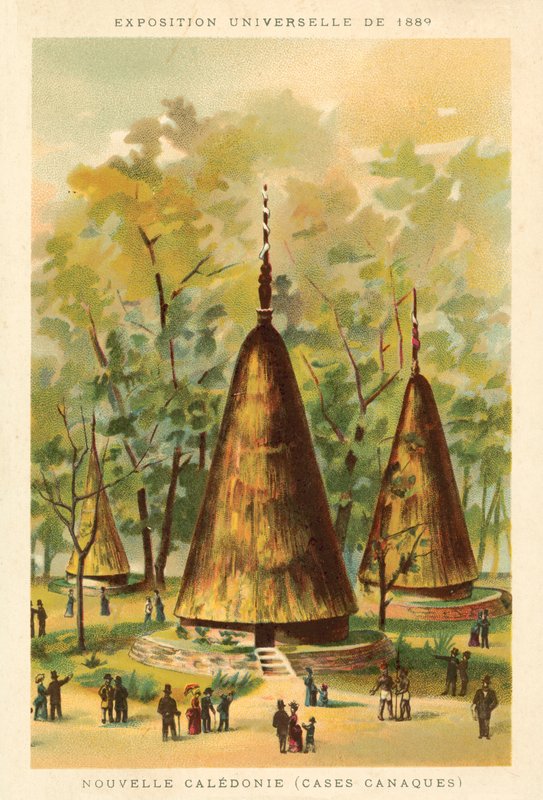 Yeni Kaledonya (Kanak kulübeleri), Exposition Universelle 1889, Paris (chromolitho) by French School