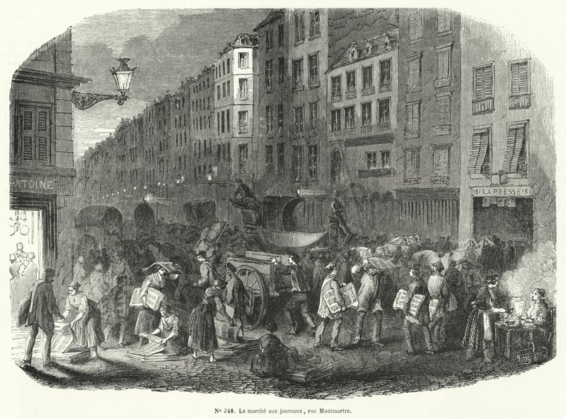 Gazete pazarı, Rue Montmartre, Paris (gravür) by French School
