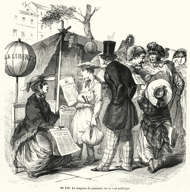 Halka açık bir caddede gazete standı (gravür) by French School