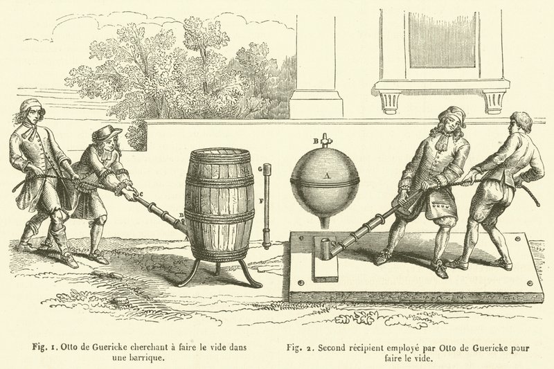 Otto de Guericke bir fıçıda bir vakum yaratmak istiyor, İkinci alıcı Otto de Guericke tarafından bir vakum yaratmak için kullanılıyor (gravür) by French School