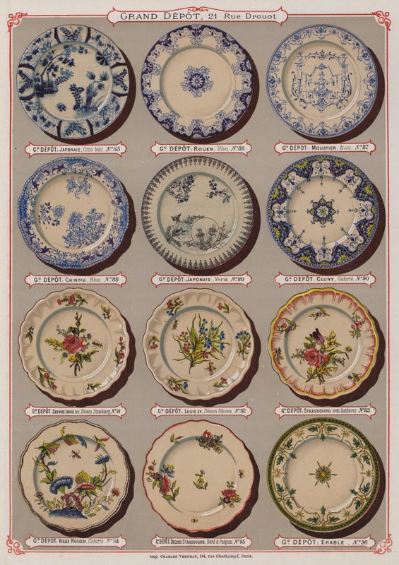 Grand Depot de Porcelaines, Faiences et Verreries kataloğundan sayfa (renkli taş) by French School