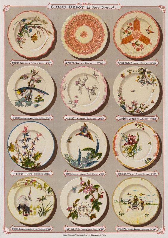 Grand Depot de Porcelaines, Faiences et Verreries kataloğundan sayfa (renkli taş) by French School