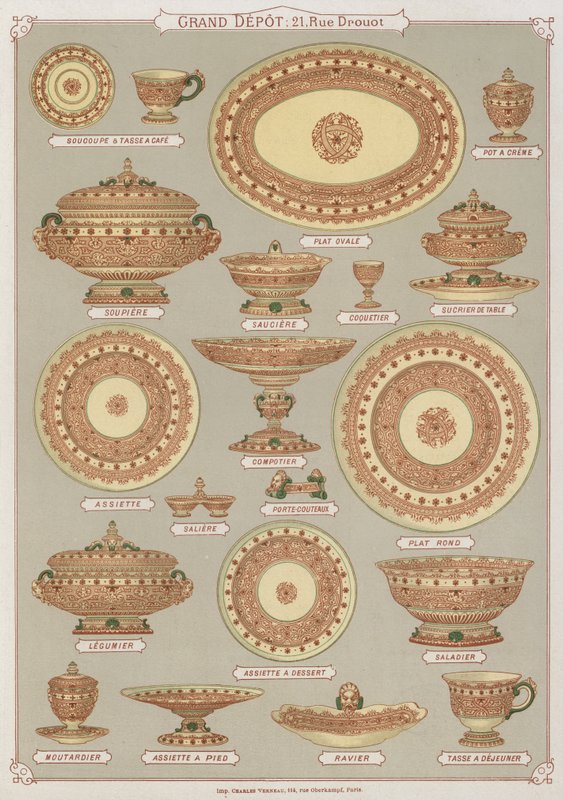 Grand Depot de Porcelaines, Faiences et Verreries kataloğundan sayfa (renkli taş) by French School