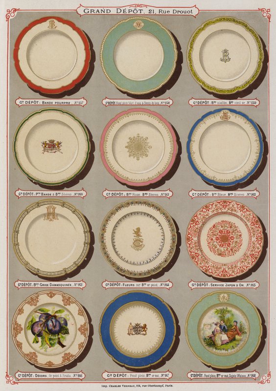 Grand Depot de Porcelaines, Faiences et Verreries kataloğundan sayfa (renkli taş) by French School