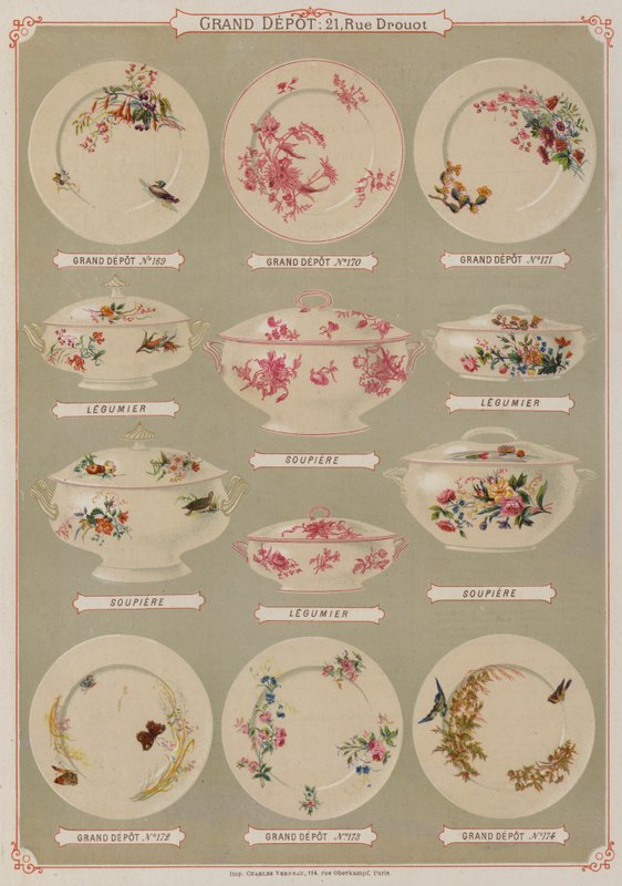 Grand Depot de Porcelaines, Faiences et Verreries kataloğundan sayfa (renkli taş) by French School