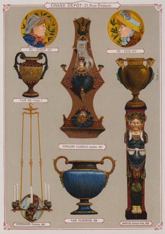 Grand Depot de Porcelaines, Faiences et Verreries kataloğundan sayfa (renkli taş) by French School