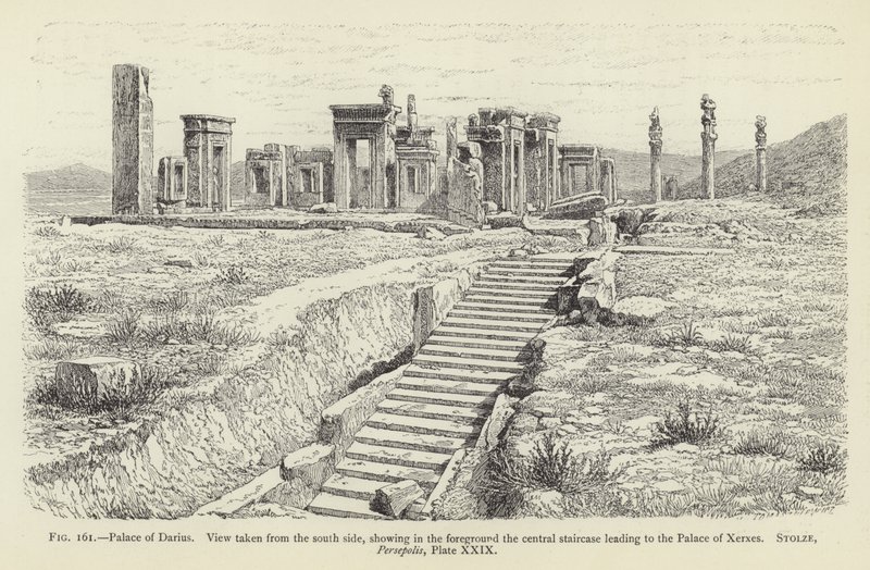 Darius Sarayı, Güney tarafından alınan görünüm, ön planda Xerxes Sarayı