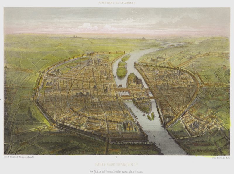 Paris Under Francois 1st, Eski plan ve çizimlerden kuşbakışı genel görünüm (renkli taş) by French School