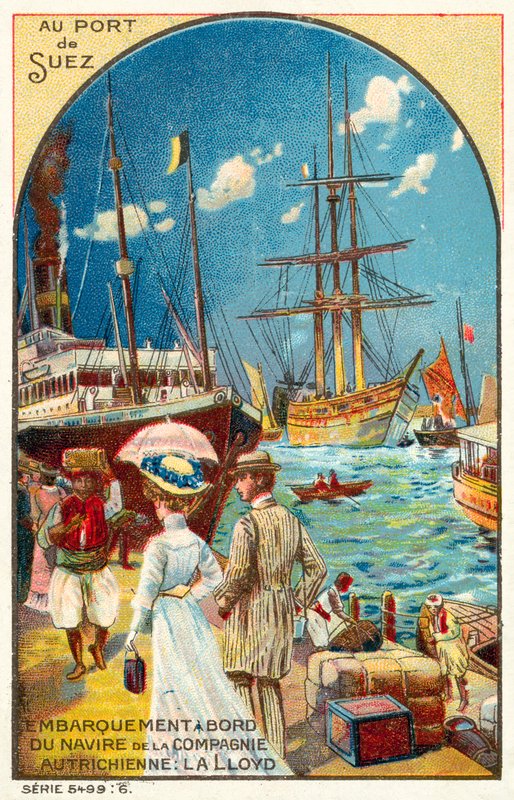 Mısır'ın Süveyş limanında Avusturya Lloyd hattına ait bir gemiye binen yolcular (chromolitho) by French School