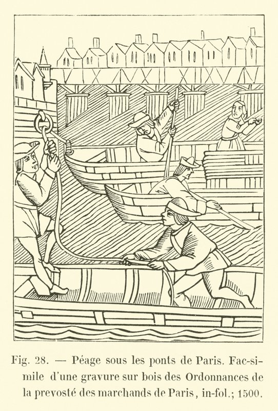 Paris köprüleri altında geçiş ücreti, Paris tüccarlarının valilik kararnamelerinin bir gravürünün tıpkıbasımı, in-fol; 1500 by French School