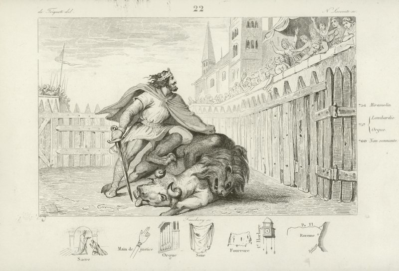 Kısa Pepin bir aslan ve bir boğayı öldürür by French School