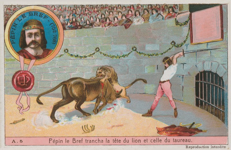 Kısa Pepin (752-768) aslan ve boğanın başına saldırıyor by French School