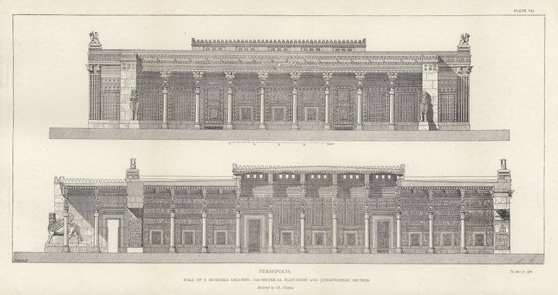 Persepolis, Yüz Sütunlu Salon, geometrik yükseklik ve boyuna kesit, Ch Chipiez tarafından restore edildi by French School