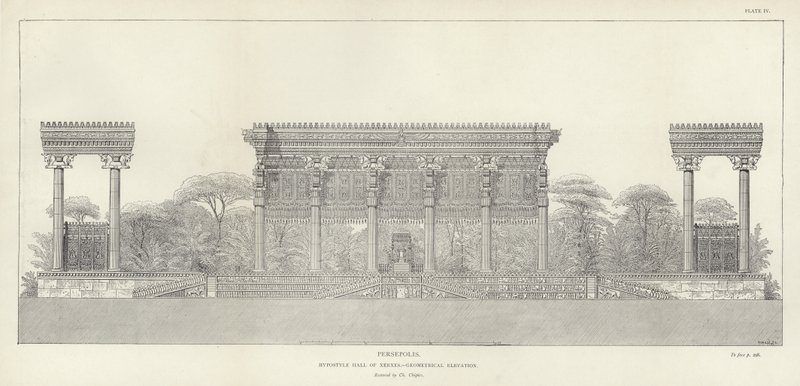 Persepolis, Xerxes Hipostil Salonu, geometrik yükseklik, Ch Chipiez tarafından restore edildi by French School
