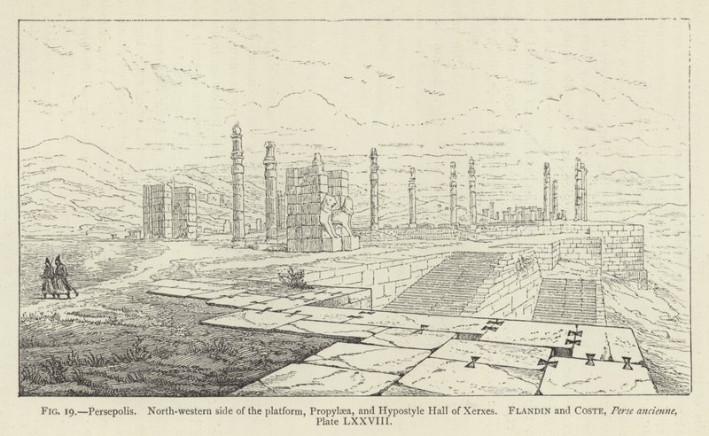 Persepolis, platformun kuzey-batı tarafı, Propylaea ve Xerxes Hipostil Salonu by French School