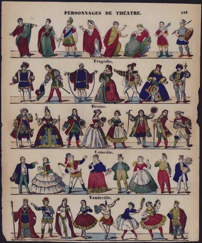 Personnages de tiyatro (renkli gravür) by French School