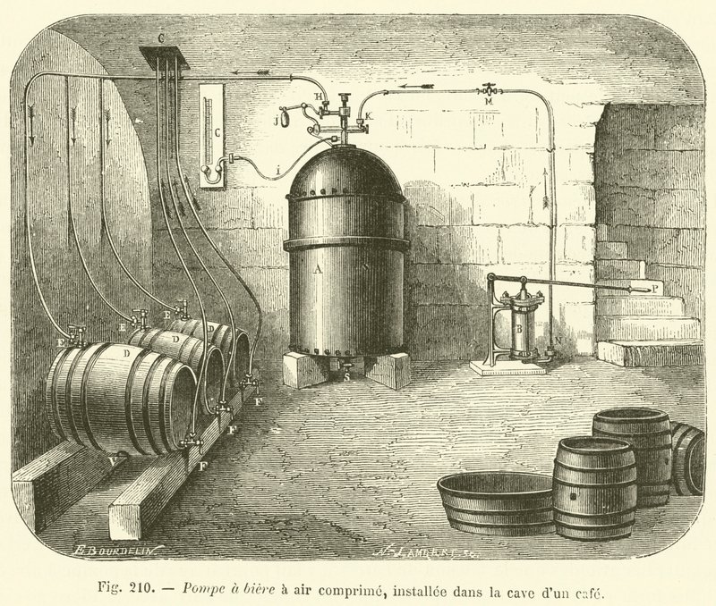 Bir kafenin mahzenine monte edilmiş basınçlı hava bira pompası (gravür) by French School