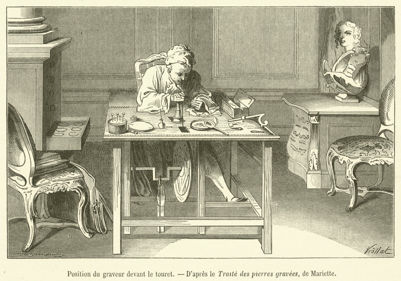 Oyma makinesinin makaranın önündeki konumu (gravür) by French School