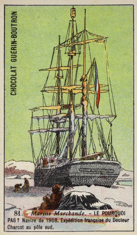 Pourquoi Pas, Jean-Baptiste Charcot'un 1908-1910 Fransız Güney Kutbu keşif gezisinde kullanılan gemi (chromolitho) by French School