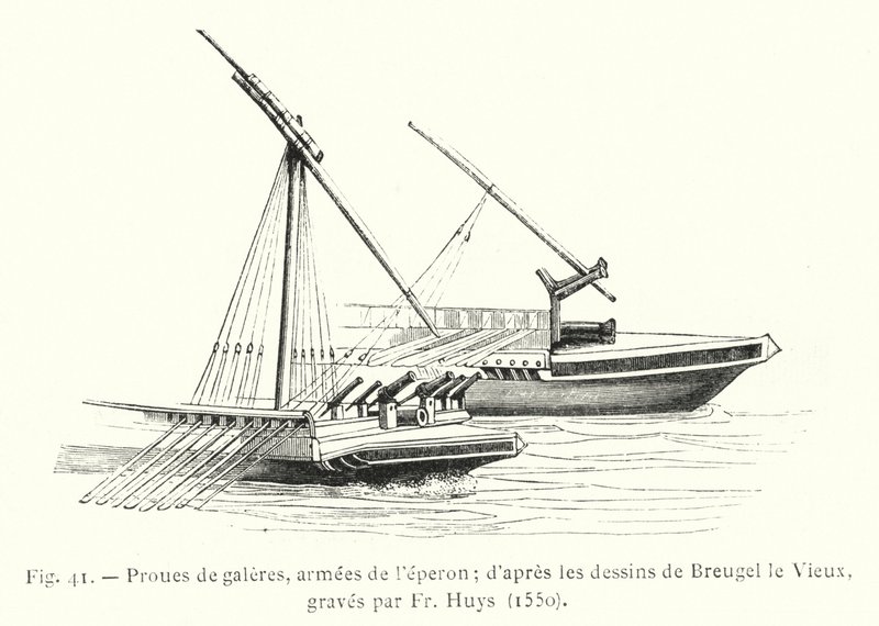 Kadırgaların pruvaları, mahmuzun orduları; Fr Huys tarafından oyulmuş Breugel le Vieux çizimlerinden sonra by French School