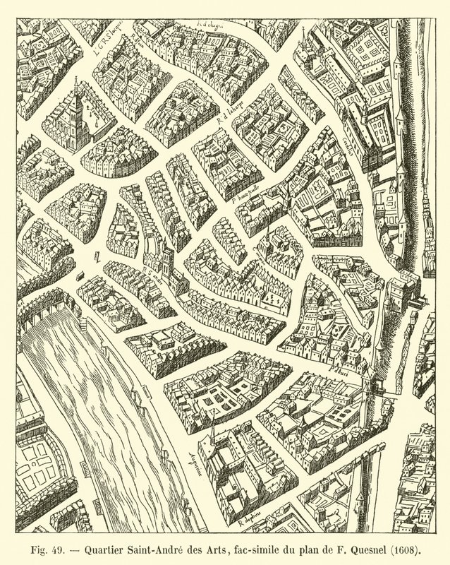 Saint-Andre des Arts bölgesi, F Quesnel tarafından planın tıpkıbasımı, 1608 by French School