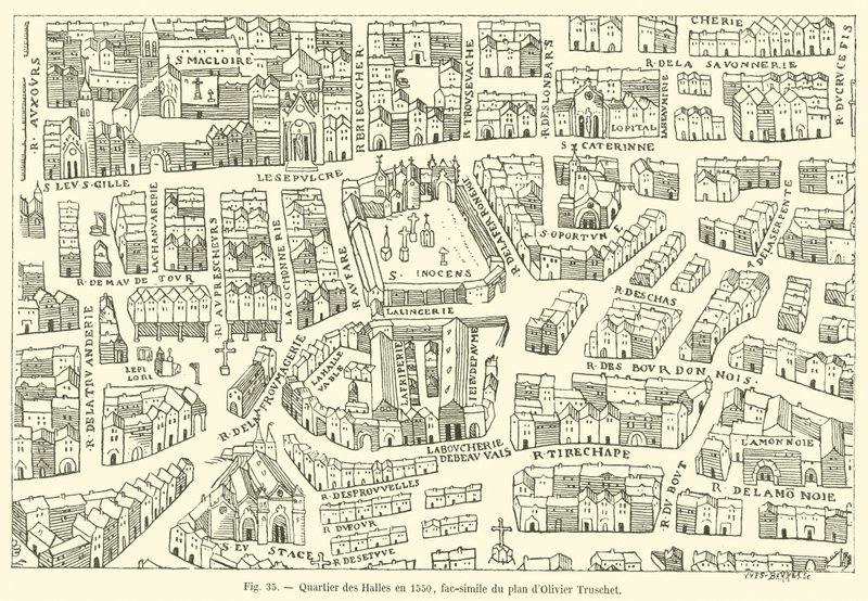 1550 yılında Quartier des Halles, Olivier Truschet tarafından planın tıpkıbasımı by French School