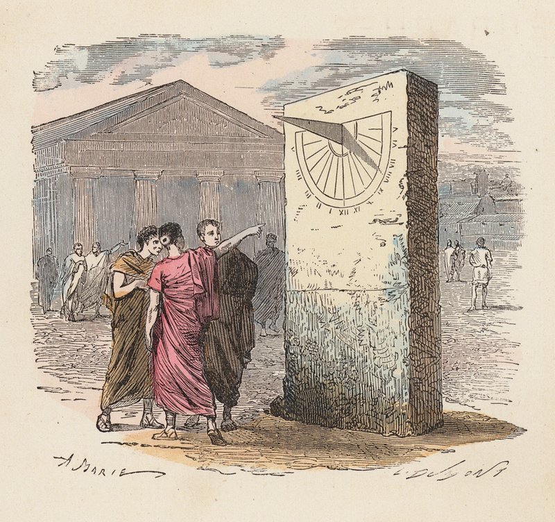 Antik çağda güneş saati kullanarak okuma saati (renkli gravür) by French School