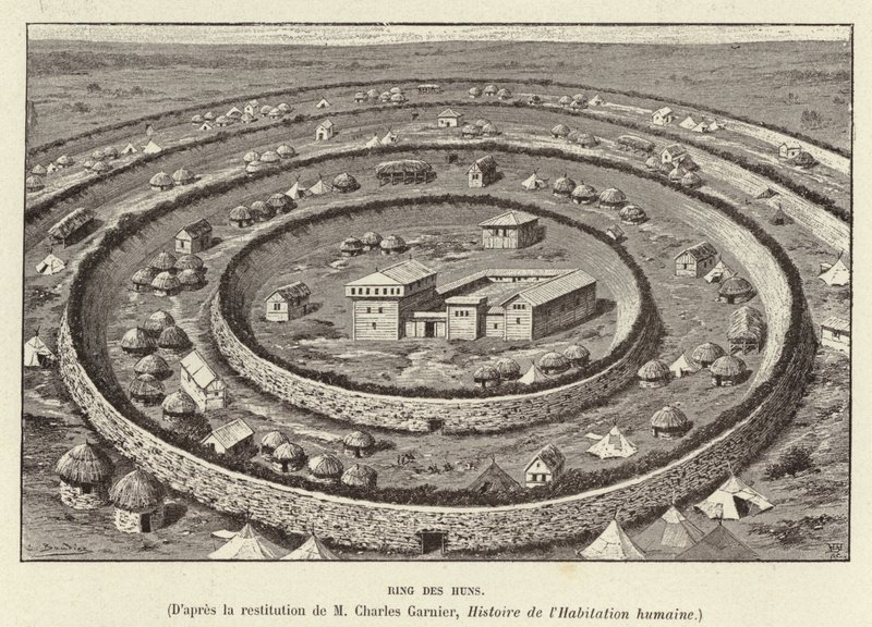 Ring des Huns. Hun yerleşimini koruyan halka biçimli surlar (gravür) by French School