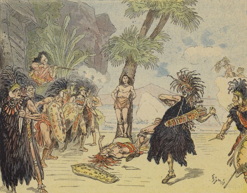 Robinson Crusoe yamyam şefini öldürüyor ve Cuma gününün hayatını kurtarıyor (renkli litho) by French School