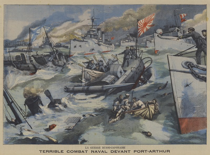 Rus-Japon Savaşı: Port Arthur açıklarında deniz savaşı (renkli taş) by French School