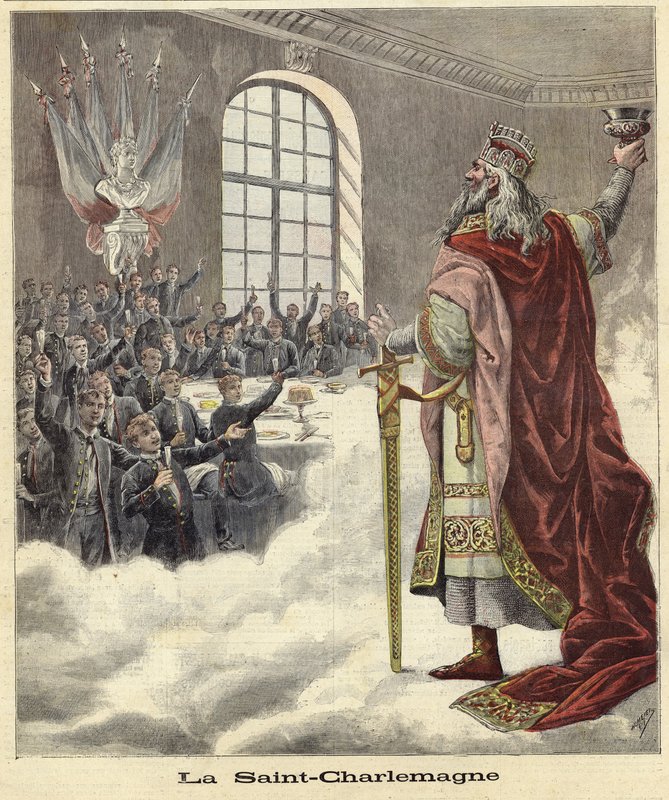Saint Charlemagne, oturanlara kadeh kaldırıyor by French School
