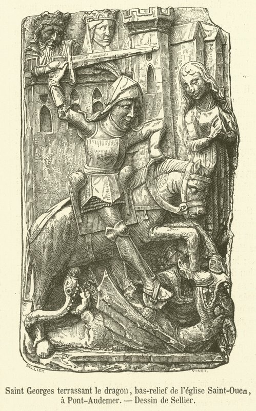 Saint George ejderhayı öldürürken, Saint-Ouen kilisesinin alçak kabartması, Pont-Audemer
