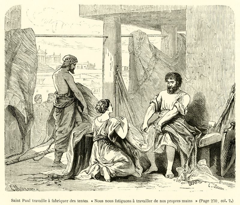Aziz Paul çadır yapmak için çalışıyor, "Kendi ellerimizle çalışmaktan yoruluyoruz" (gravür) by French School