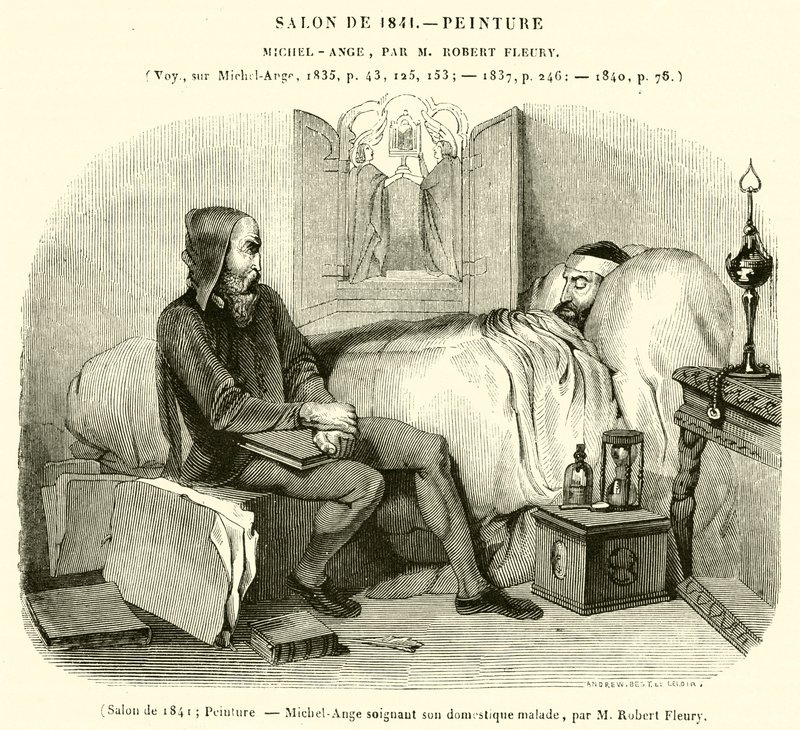 1841 Salonu, Resim, Michelangelo hasta hizmetkarına bakıyor (gravür) by French School