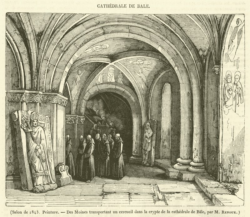 1843 Salonu, Resim, Des Moines transportant un cercueil dans la crypte de la cathedrale de Bale (gravür) by French School