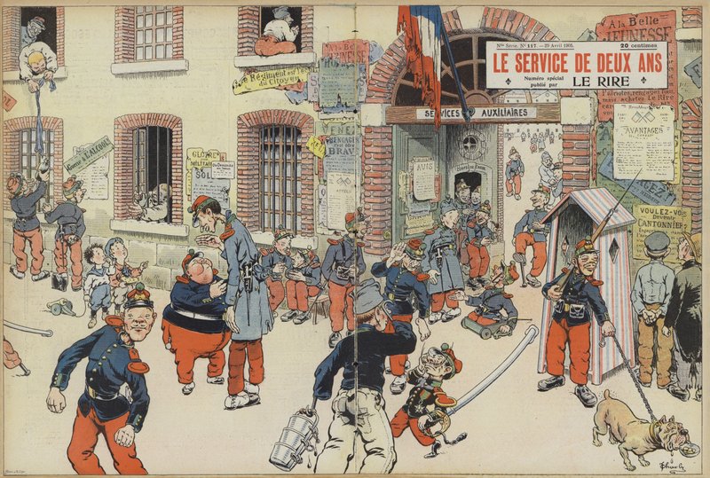 Fransız Ordusuna zorunlu askerliğin getirilmesi üzerine hiciv. Le Rire (renkli taş) için çizim by French School