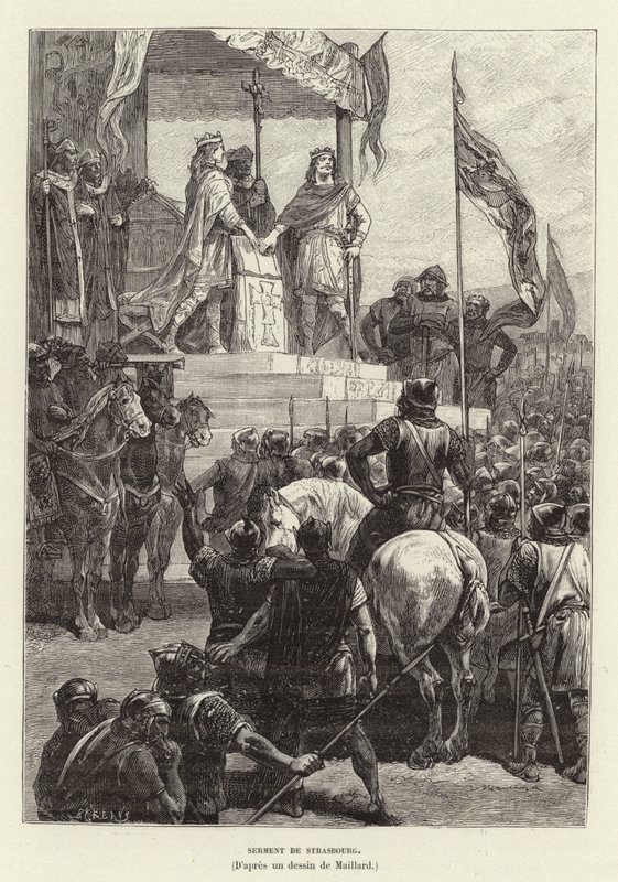 Serment de Strasbourg. Strasbourg Yeminleri, Alman Louis ile Kel Charles arasındaki ittifak, Doğu ve Batı Francia Kralları, 842 (gravür) by French School