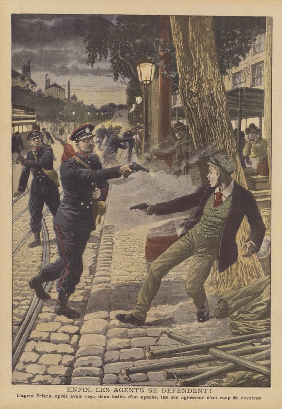 Paris caddesinde polis ve suçlular arasında çatışma (renkli taş) by French School