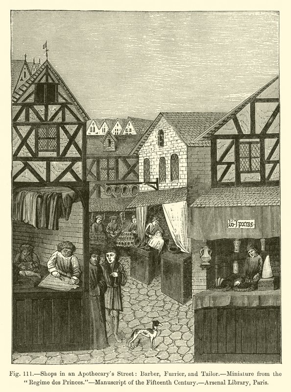 Eczacı Sokağındaki Dükkanlar: Berber, Kürkçü ve Terzi (gravür) by French School