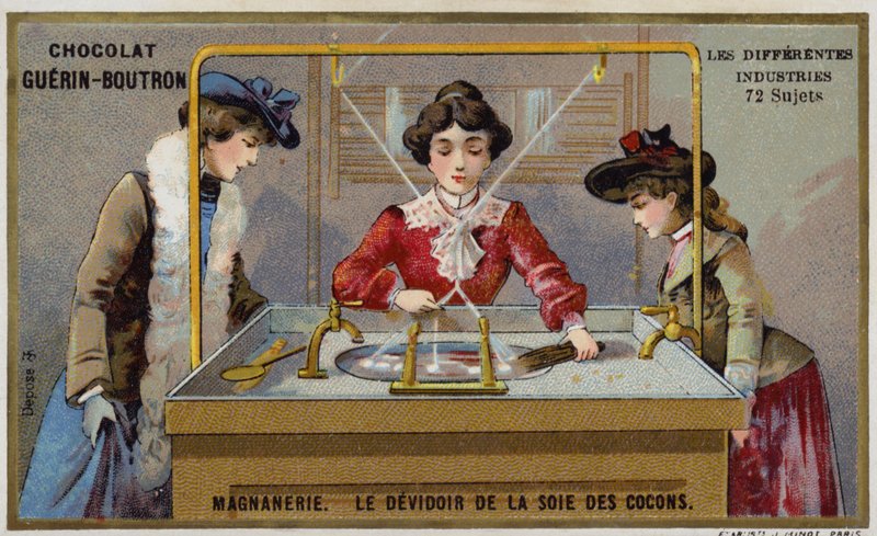 İpek imalatı. Elyafların bir makaraya döndürülmesi (chromolitho) by French School