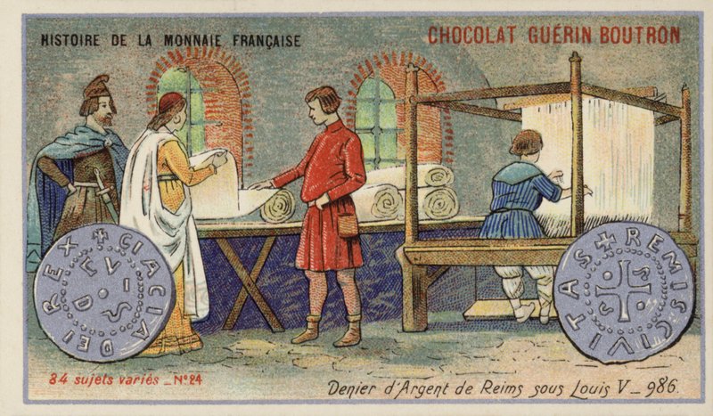 Louis V, 986 saltanatından Reims gümüş denye (chromolitho) by French School