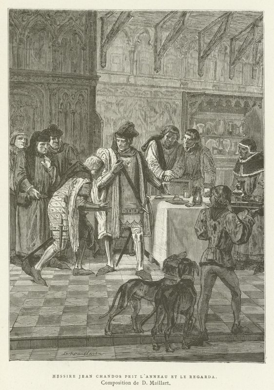 Sir John Chandos yüzüğü aldı ve ona baktı. by French School