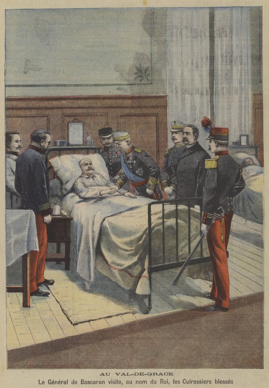 İspanyol General Jose de Bascaran, Paris'teki Val-de-Grace askeri hastanesinde Kral XIII. Alfonso adına yaralı zırhlıları ziyaret ediyor (renkli taş) by French School