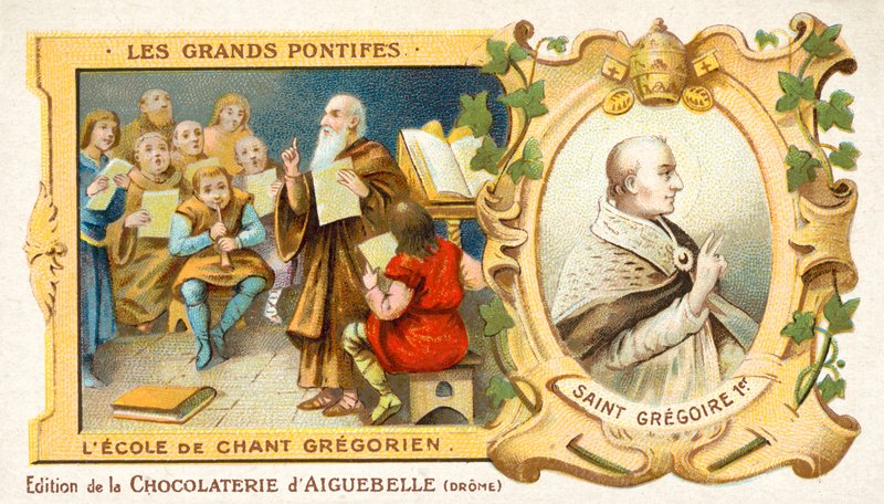 Aziz Gregory the Great ve bir Gregoryen ilahisi okulu (chromolitho) by French School