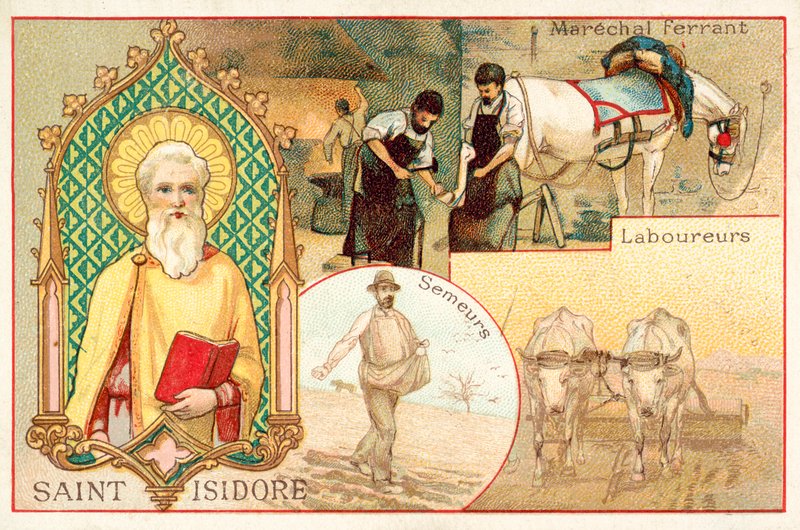 Aziz Isidore, çiftçilerin ve gündelikçilerin koruyucu azizi (chromolitho) by French School